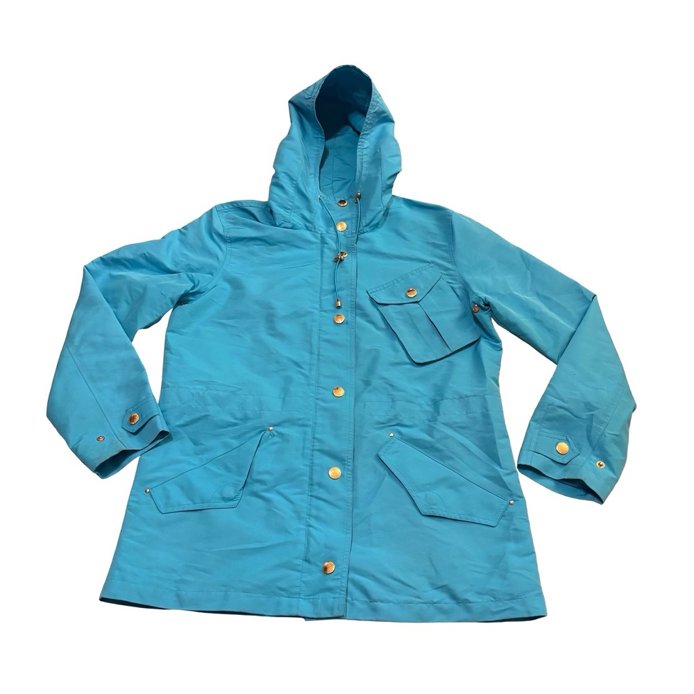 Lauren Ralph Lauren Womens Turquoise Hooded Rain Jacket Blue Gold Hardware M